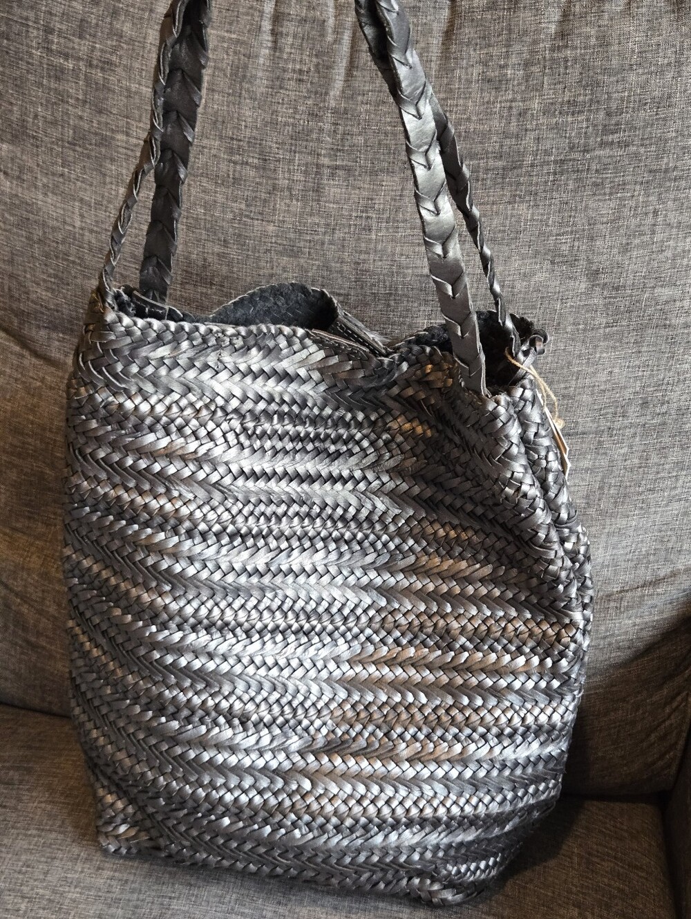 Gray tote bag woven leather soft basket hobo hippie boho made India $210